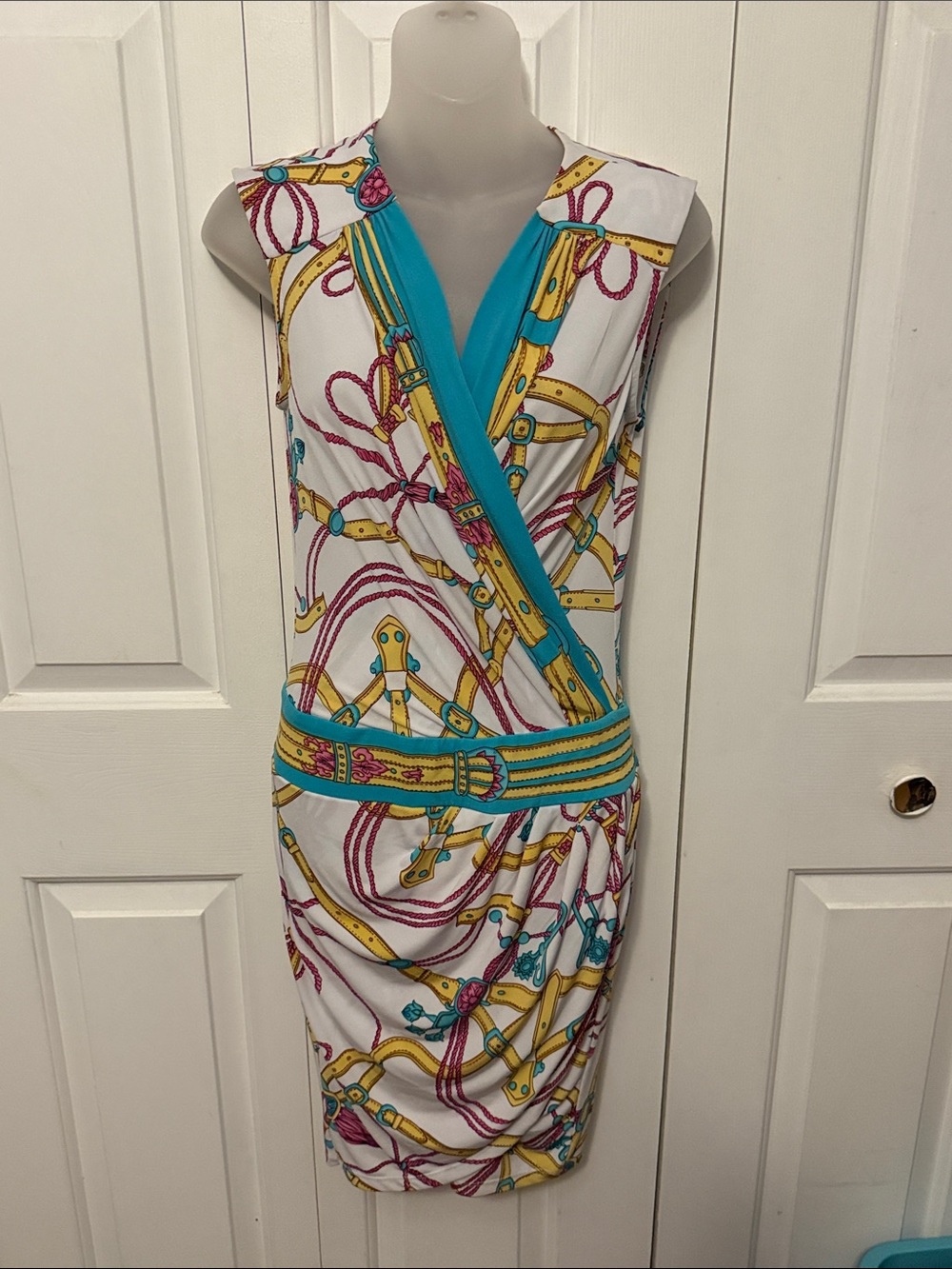 Cache Sz XS White Wrap Dress with Turquoise, Yellow & Pink Belted Print B718